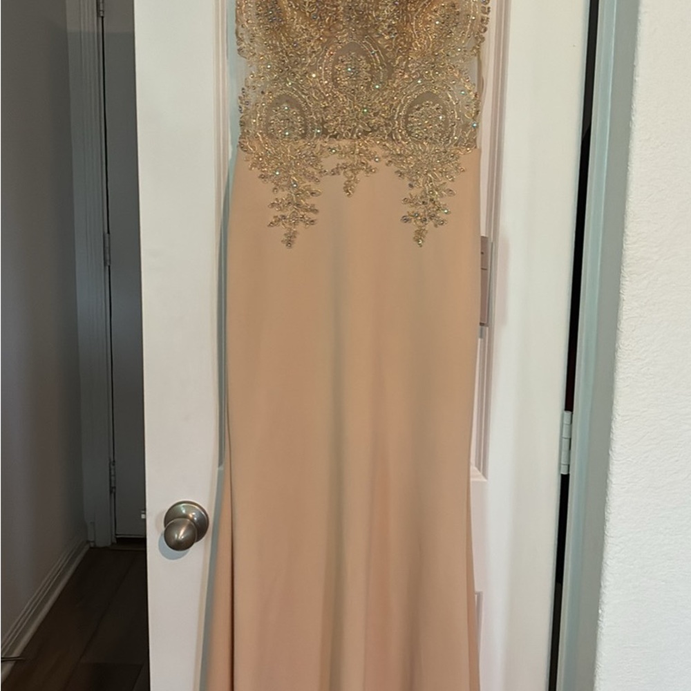 Beaded Embellished Prom Gown - Champagne